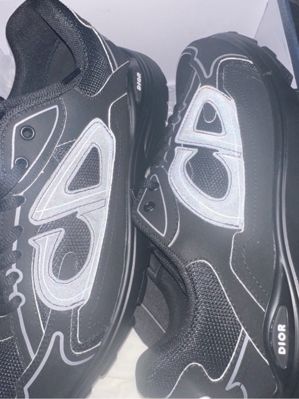 Dior Black Sneakers with Reflective Silver Overlays